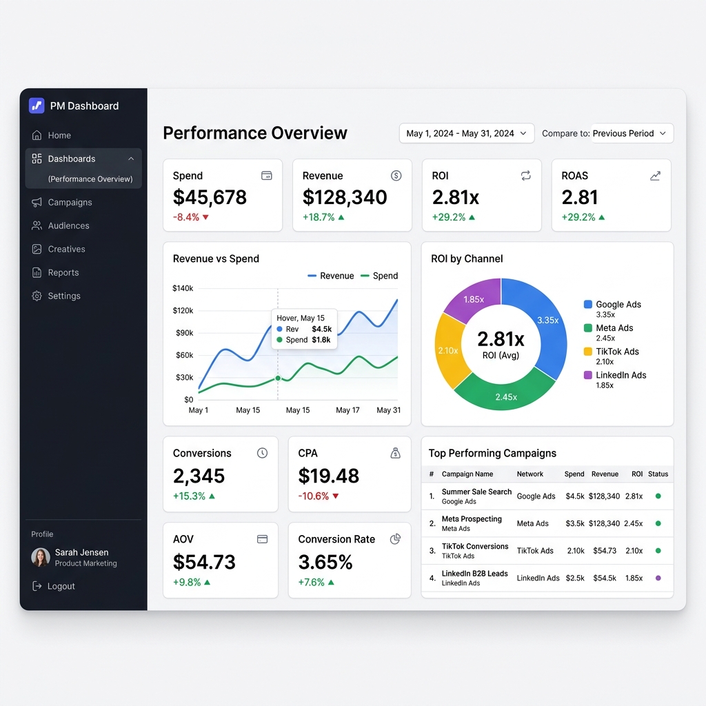 Performance Overview Dashboard - Measuring Spend, Revenue, ROI and Channel Performance